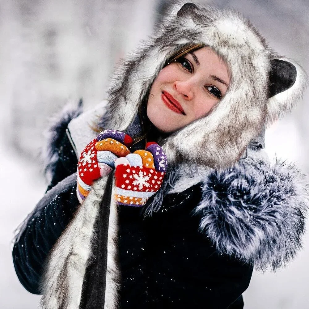 Faux Fur Wolf Hood Hat Scarf Mittens Winter Animal Accessories Unisex
